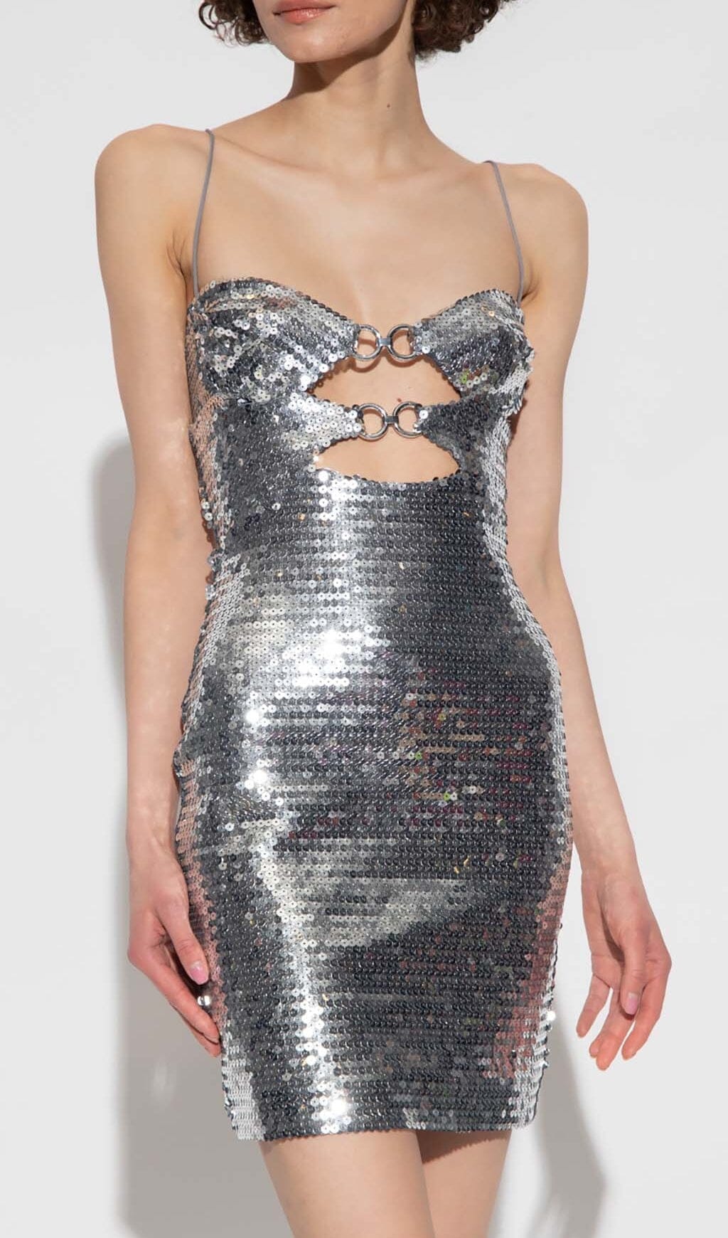 SEQUIN CUTOUT DRAPED MINI DRESS IN METALLIC SILVER sis label 