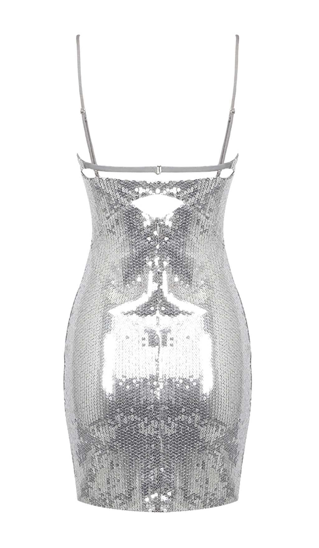 SEQUIN CUTOUT DRAPED MINI DRESS IN METALLIC SILVER sis label 