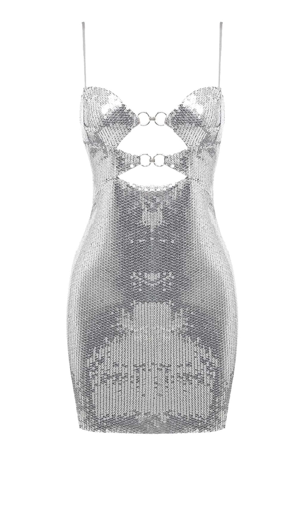 SEQUIN CUTOUT DRAPED MINI DRESS IN METALLIC SILVER sis label 